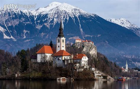 Bled, Slovenia - Panoramic view of the island in Bled lake with Church ...