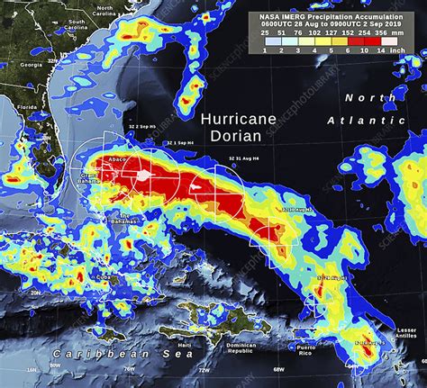 Hurricane Dorian rainfall track, satellite map - Stock Image - C047 ...