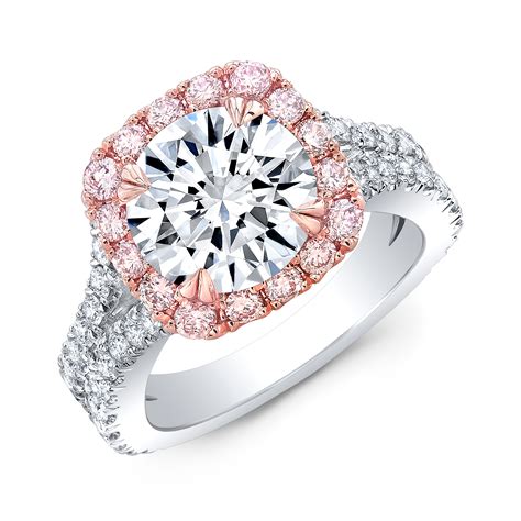 2ct. Round cut Natural Diamond Pink Halo Curved Split Shank Engagement ...