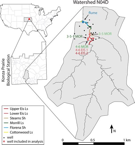 Map of Konza Prairie Biological Station and watershed N04D. Locations ...