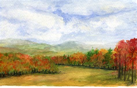 Autumn Day Original Watercolor Vermont Landscape Painting Miniature Art