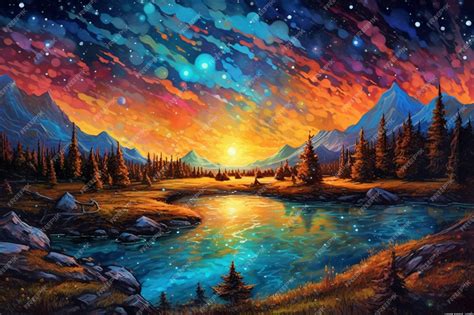 Premium AI Image | A painting of a river with a sunset in the background.