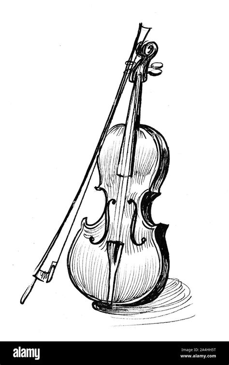 Violin. Musical instrument. Ink black and white drawing Stock Photo - Alamy