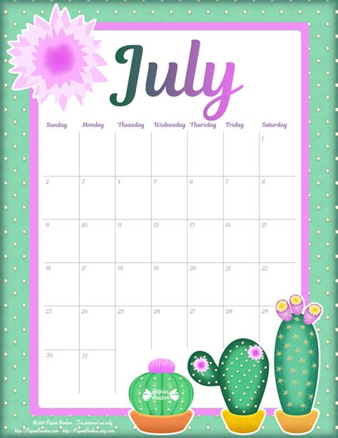 July Free Calendar Printable - Printable Word Searches