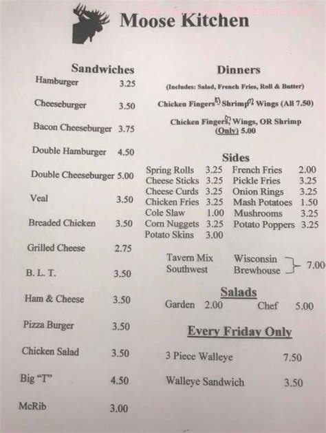 Menu at Moose Lodge 889 restaurant, Marion