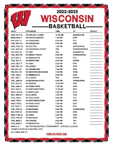 Printable 2022-2023 Wisconsin Badgers Basketball Schedule