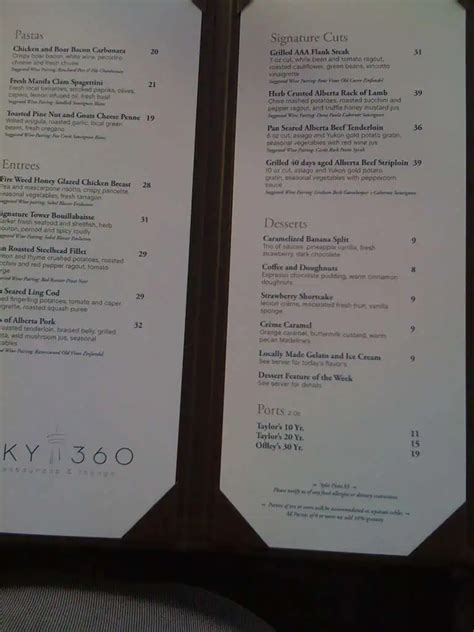 Menu at Sky 360 restaurant, Calgary