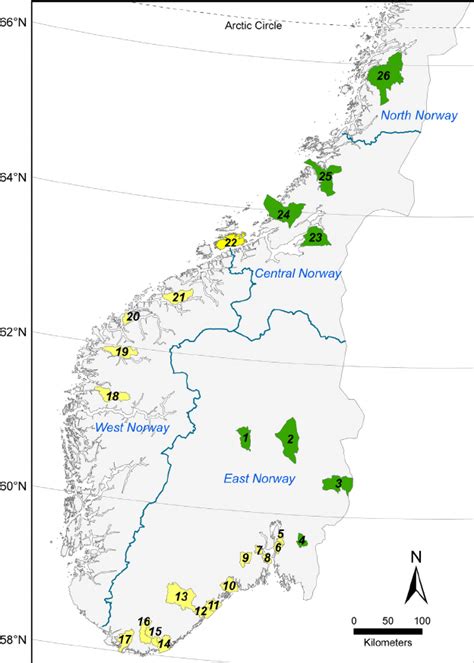 Map of Norway up to southern North Norway showing sampling ...