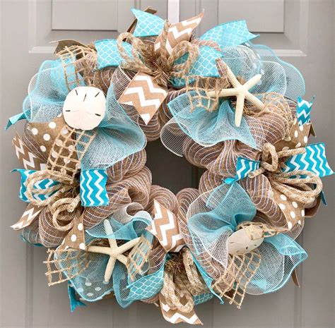 24 Blue Burlap Deco Mesh Wreath With Seashells - Etsy | Deco mesh ...