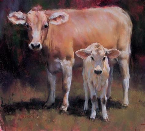 a painting of two cows standing next to each other