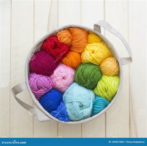 Yarn for Knitting Rainbow. Wood Background Stock Photo - Image of decor ...