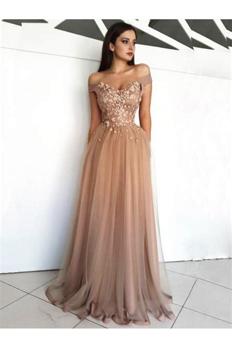 Elegant Off-the-Shoulder Beaded Lace Tulle Long Prom Dresses Formal ...