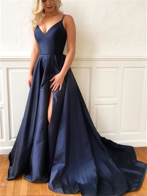 morievent: A Line V Neck Navy Blue Long Prom Dresses, Navy Blue Long F ...