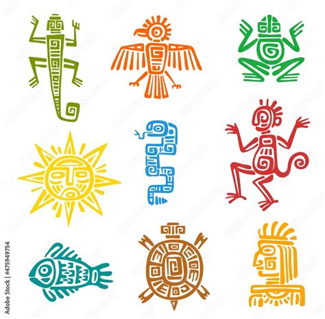 Mayan aztec totem with isolated vector symbols of animals and birds ...