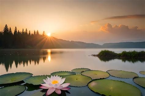 Premium AI Image | Lotus flowers on a lake with a sunset in the background