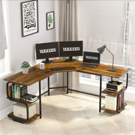 Teraves L-Shaped Computer Desk with Bookshelves, Large Corner Desk Home ...