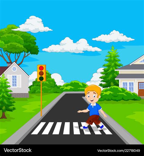 Cartoon boy walking across the crosswalk Vector Image