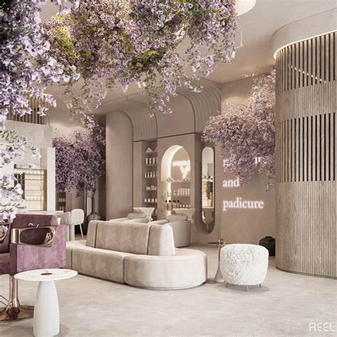 the interior of a hair salon with purple flowers on the ceiling and ...