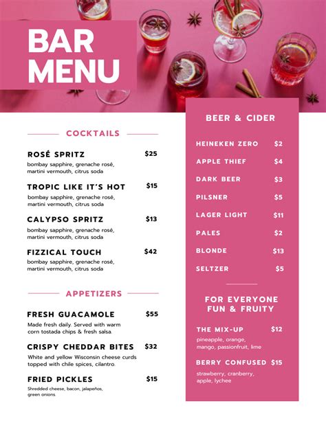 Bar Drinks And Appetizers List Online Menu Template - VistaCreate