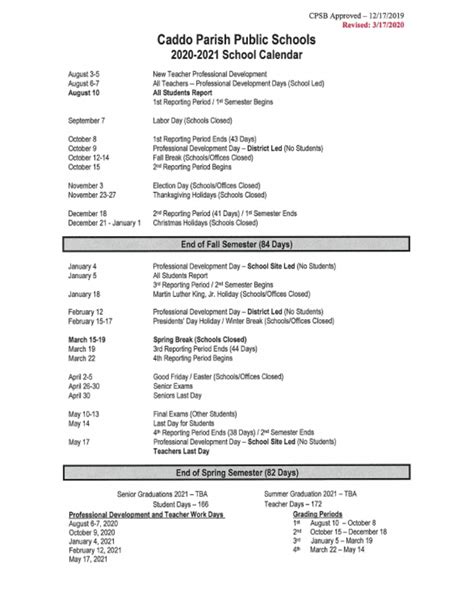 Caddo School District calendar for the 2020-21 academic year (last ...