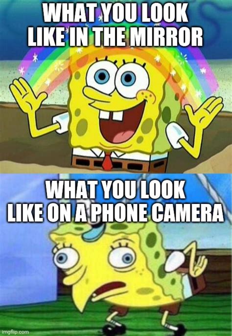 Image tagged in spongebob rainbow,memes,mocking spongebob,camera,mirror ...