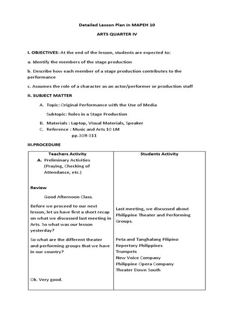 Detailed Lesson Plan In Mapeh 10 Lesson Plan Sample Lesson Plan ...