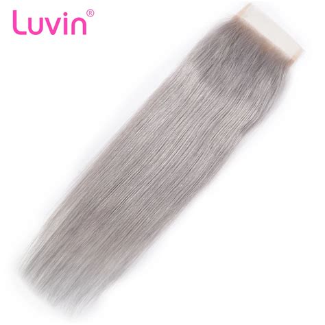 Luvin Grey Silver Brazilian Lace Closure Straight 4x4 Remy Human Hair ...