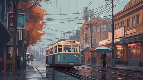 a painting of a city street in the rain