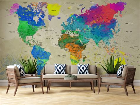 Customized Large World Map Wall Decal World Map Wallpaper - Etsy UK