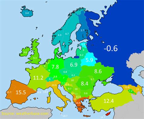 Average annual temperature of European countries #Maps #InterestingMaps ...