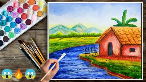 Easy village scenary watercolour painting for beginners | how to paint ...