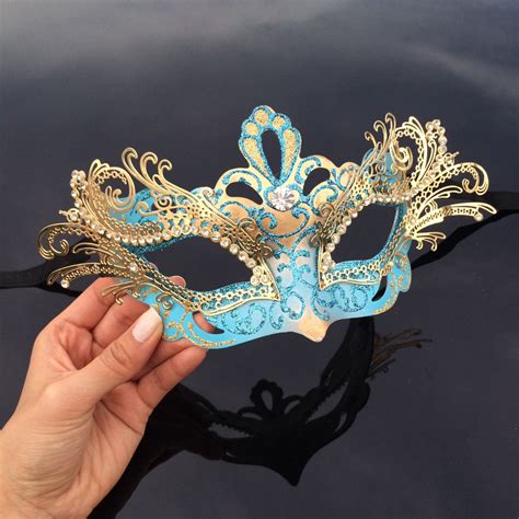 Masquerade Mask, Mardi Gras Mask, Teal Blue & Gold Venetian 3D Metal ...