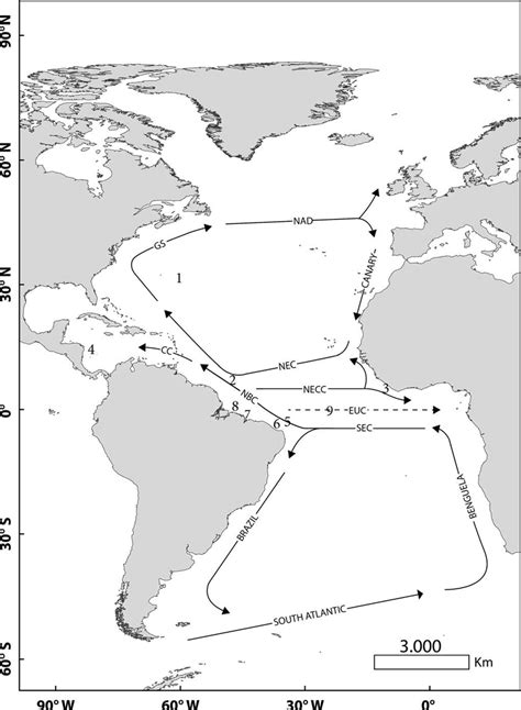 Atlantic Ocean map and main oceanic currents. The numbers represent the ...