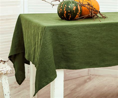 Linen tablecloth. Washed linen tablecloth. Table cloth in forest green ...