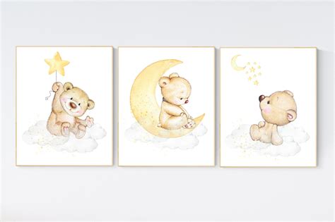 Nursery decor bear, gender neutral nursery wall art, yellow nursery ...