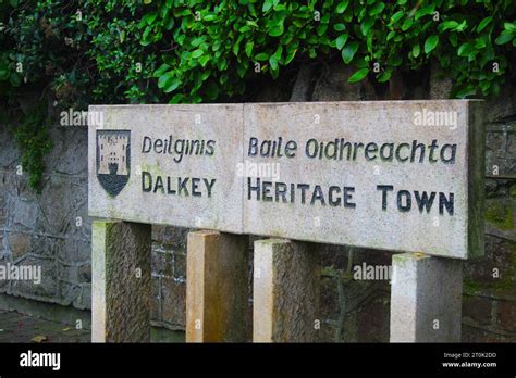 A photo of a stone Dalkey Heritage Town sign Stock Photo - Alamy