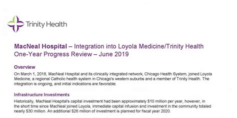 MacNeal Hospital – Integration into Loyola Medicine/Trinity Health One ...