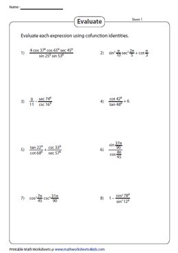 Cofunction Identities Worksheets