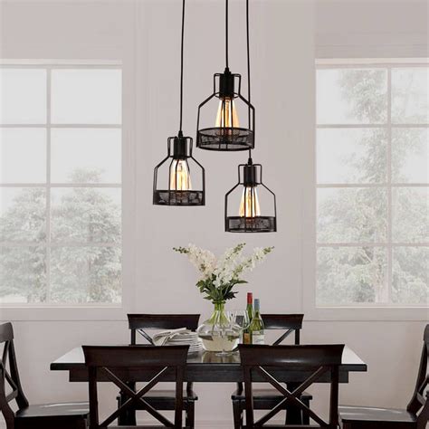 Rustic Black Metal Cage Dining Room Pendant Light with 3 Lights ...