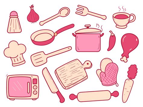 Set of cooking doodle elements vector illustration with cute pink ...