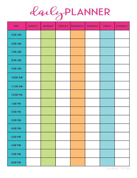 a printable daily planner is shown in pink, blue and green with the ...