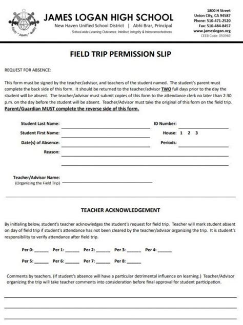 Zoo Field Trip Permission Slip Template