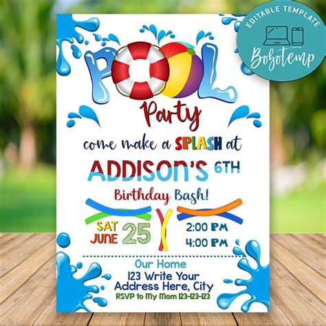 Editable Swimming Pool Party Invitations Instant Download ...