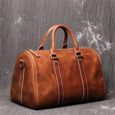 Casual Brown Leather Men's Small Overnight Bag Travel Bag Luggage Brow ...