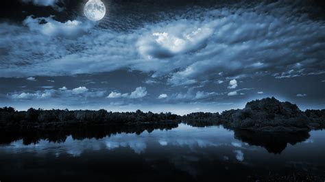 calm, night, sky, sea, moonlit, idyllic, moonlight, 1080P, water, beach ...