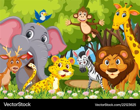 Group of animals in jungle Royalty Free Vector Image