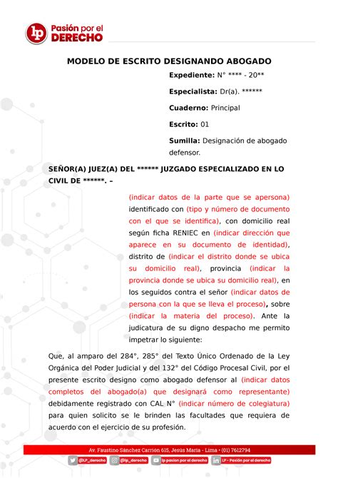 Modelo DE Escrito Designando Abogado Defensor - MODELO DE ESCRITO ...