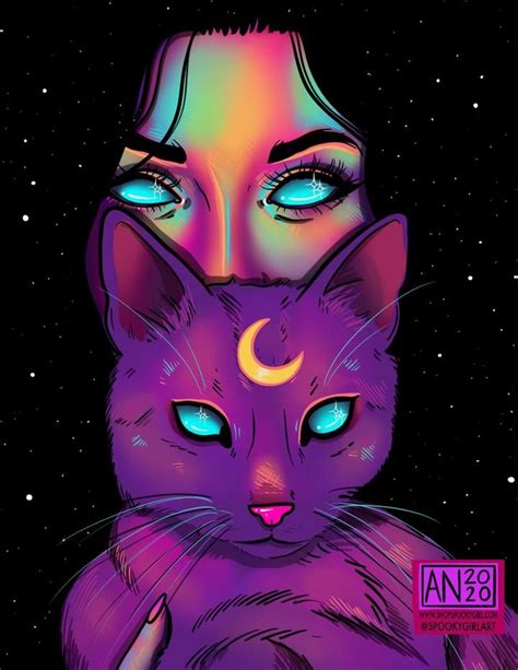 a woman with blue eyes is holding a cat in front of the moon and stars