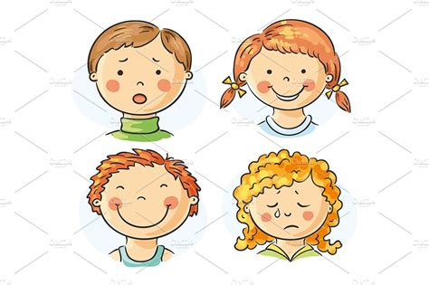 4 kids faces with different emotions | Healthcare Illustrations ...