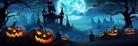 Halloween background with scary pumpkins candles in the graveyard at ...